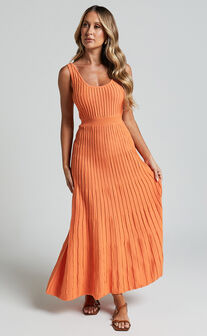 Saoirse Midi Dress - Square Neck Strappy Knit Dress in Mango