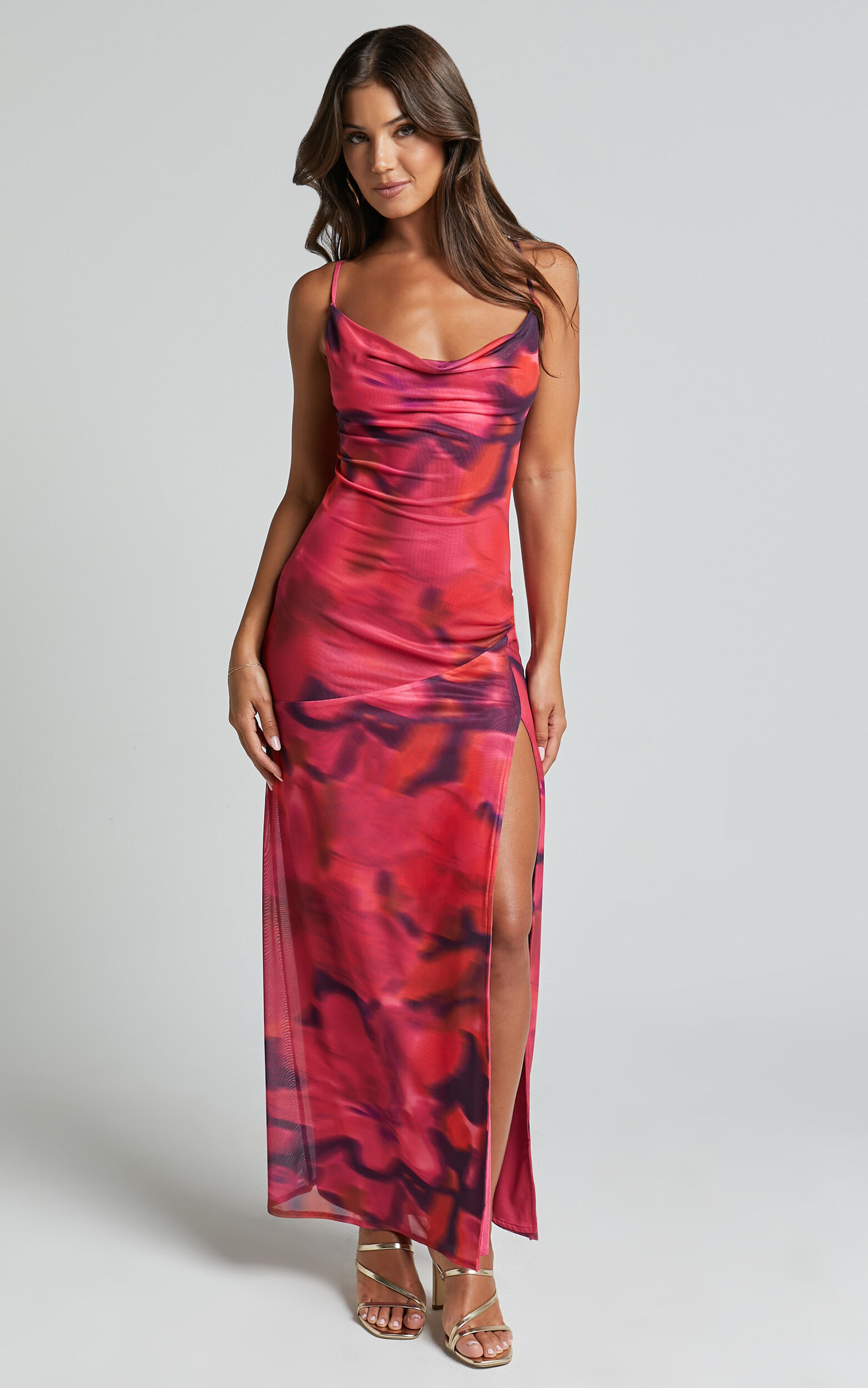 Lula Maxi Dress - Cowl Neck Thigh Split Dress in Adeana Print - 06, PNK1
