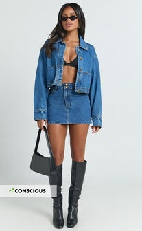 Pamela Mini Skirt - Low Rise Double Button Recycled Denim Skirt in Dark Blue Wash