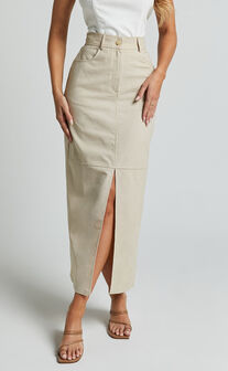 Vanna Midi Skirt - High Waisted Front Slit Skirt in Stone