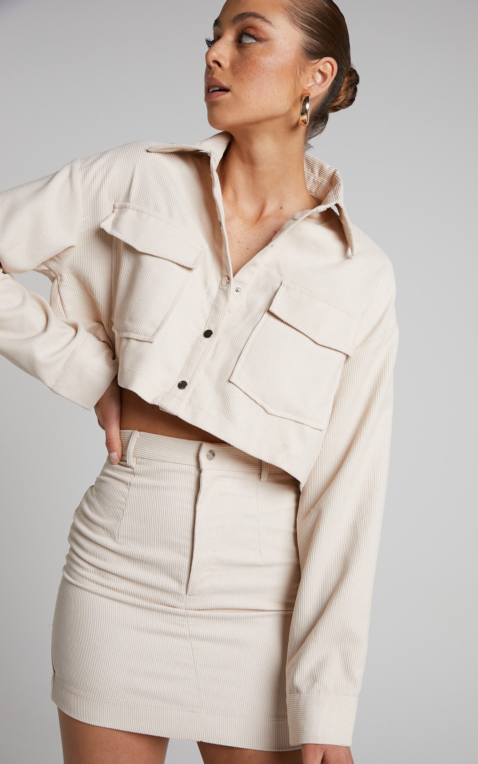 Mervin Two Piece Set Corduroy Cropped Shirt and Mini Skirt in Cream