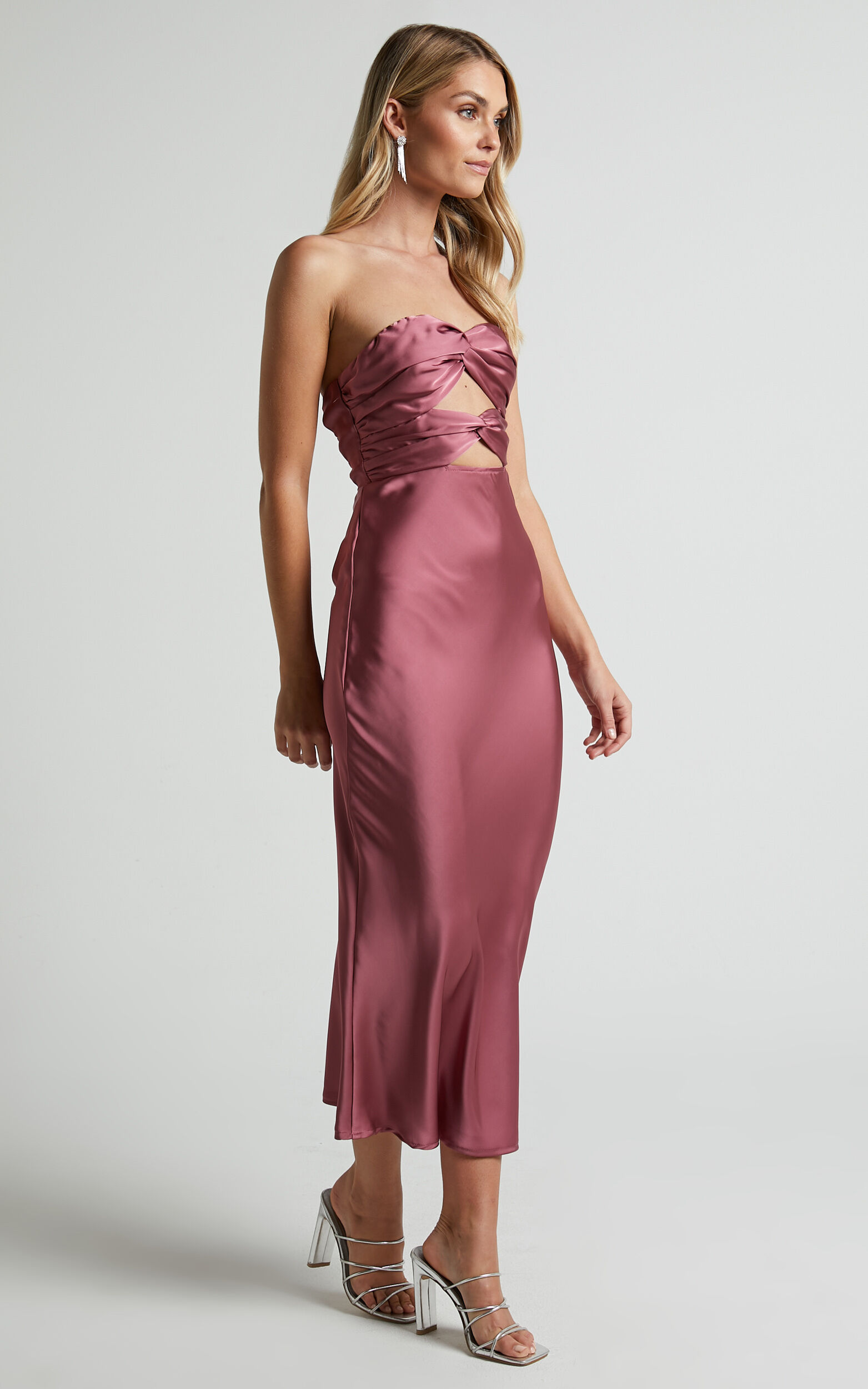 Madelynn Midi Dress Twist Front Satin Dress in Plum