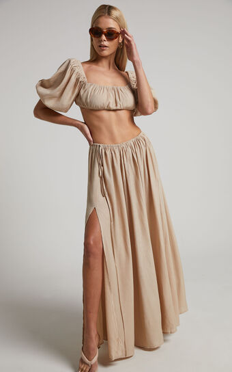 Dhalia Maxi Skirt - Gathered Split Skirt in Sand