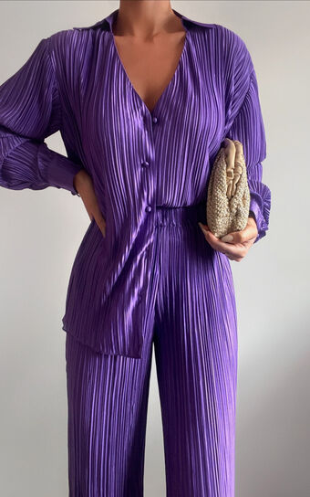 Beca Shirt - Plisse Button Up Shirt in Purple