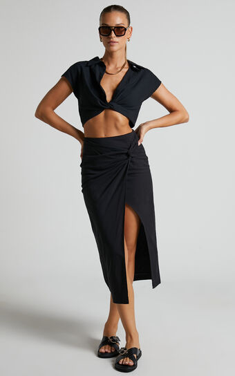 Marieta Midi Skirt - Linen Look Knot Front Skirt in Black