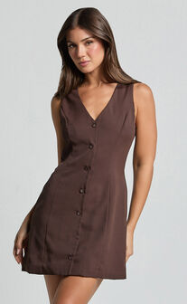 Sia Mini Dress - V Neck Button Down Dress in Chocolate