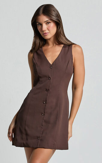 Sia Mini Dress - V Neck Button Down Dress in Chocolate