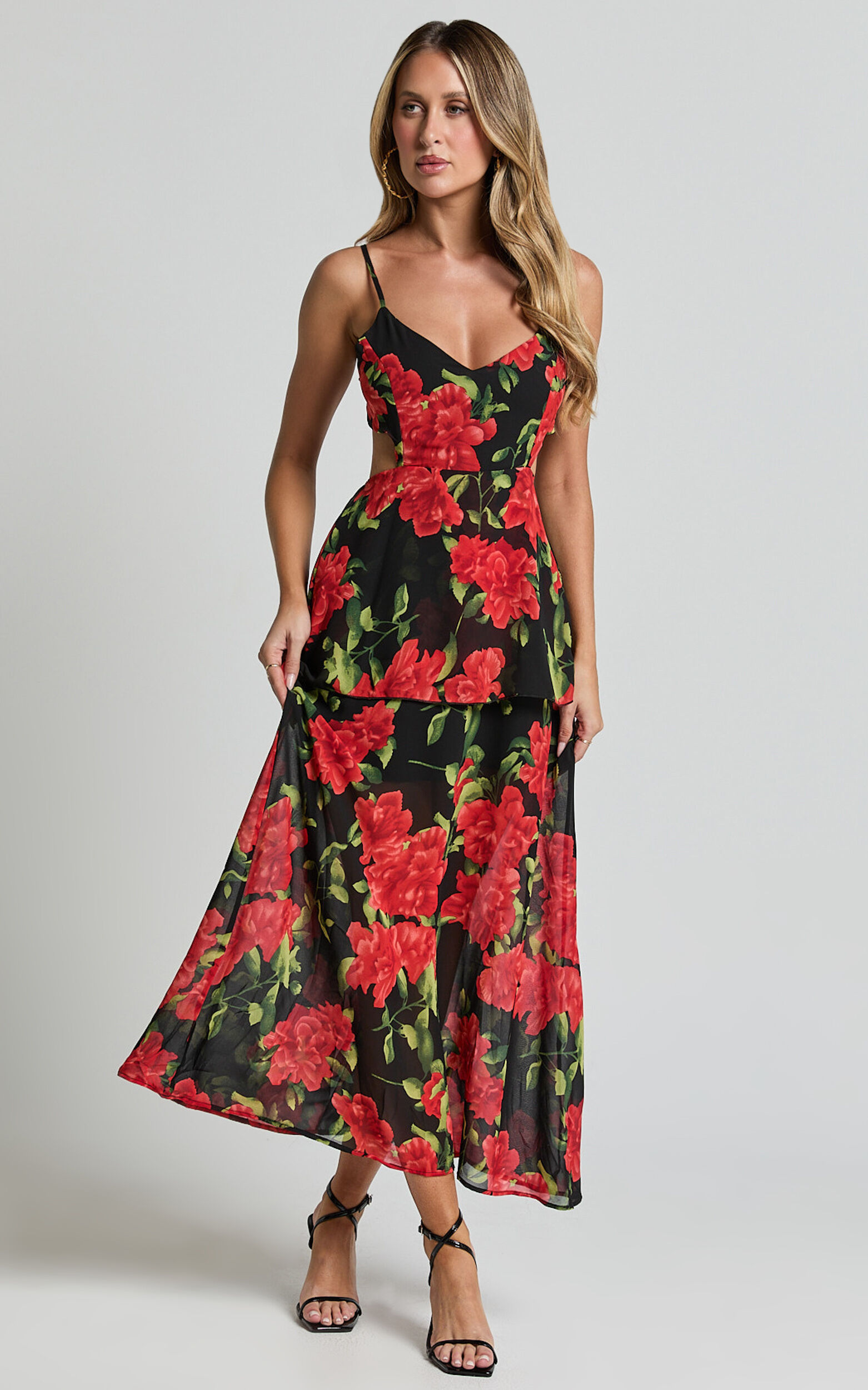 Ashlee Maxi Dress Tiered Frill V Neck Open Back Rosette Maxi Dress in Black Red Showpo USA