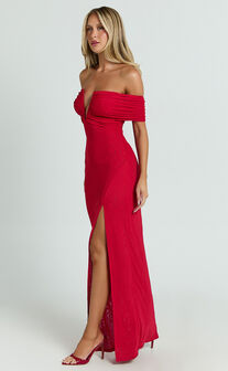 Alessia Maxi Dress - Off Shoulder Ruched Bodycon Dress in Red