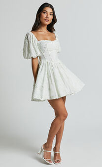 Esthela Mini Dress - Embroidered Square Neck Short Puff Sleeve Corset in Pale Mint