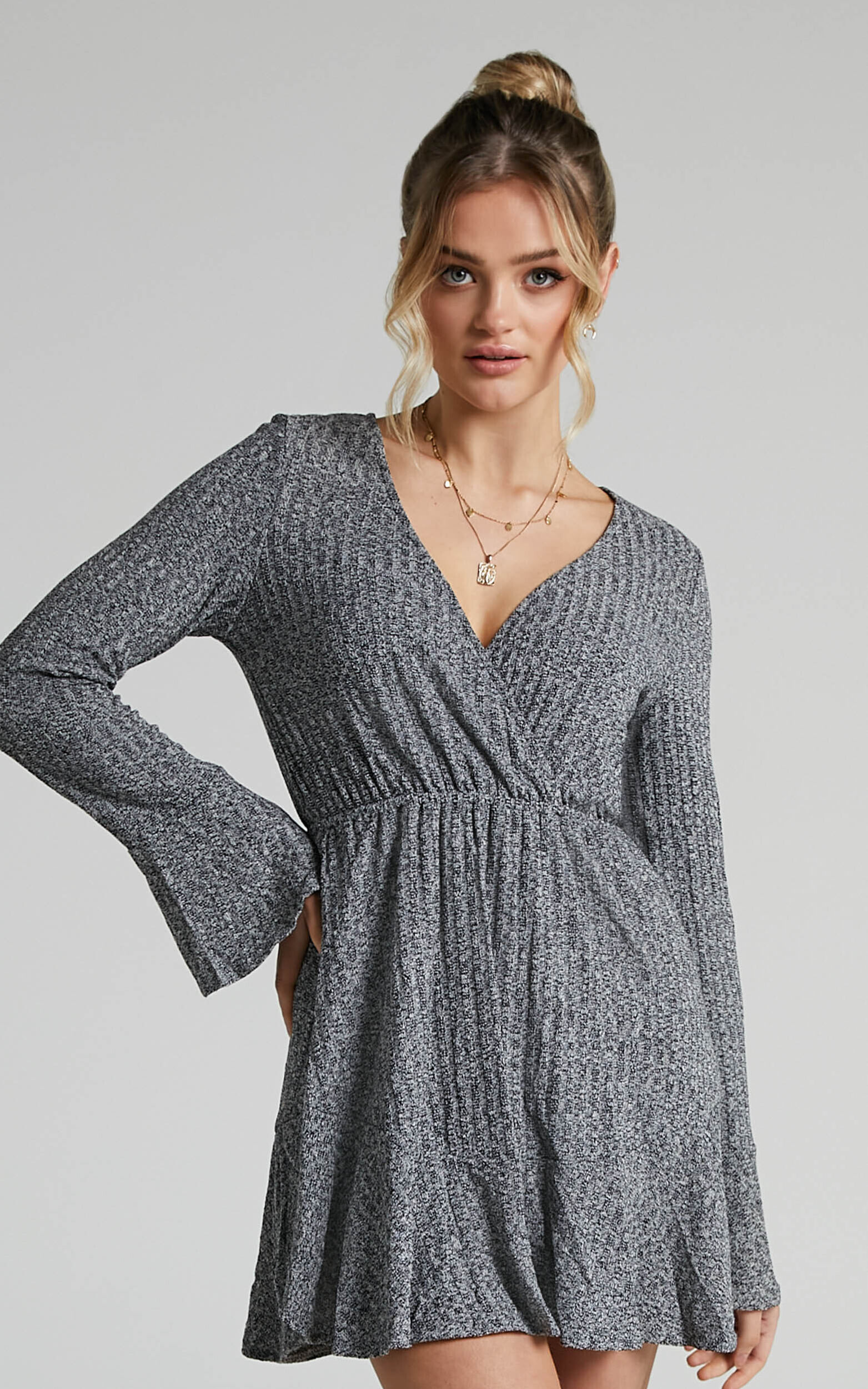 The Next Step Mini Dress - Long Sleeve Dress in Charcoal Marle - 04, GRY2