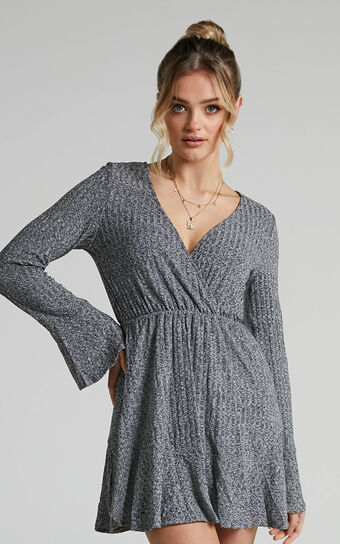 The Next Step Mini Dress - Long Sleeve Dress in Charcoal Marle