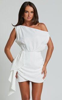 Niana Mini Dress - Drape One Shoulder Dress in White