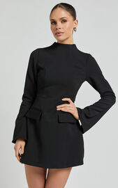 Carlson Mini Dress - High Neck Sleeve Cocoon Skirt Dress in Black | Showpo