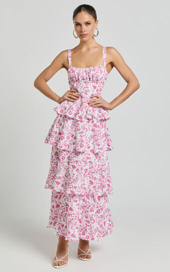 Lorma Midi Dress - Ruched Layered Dress in Pink Floral