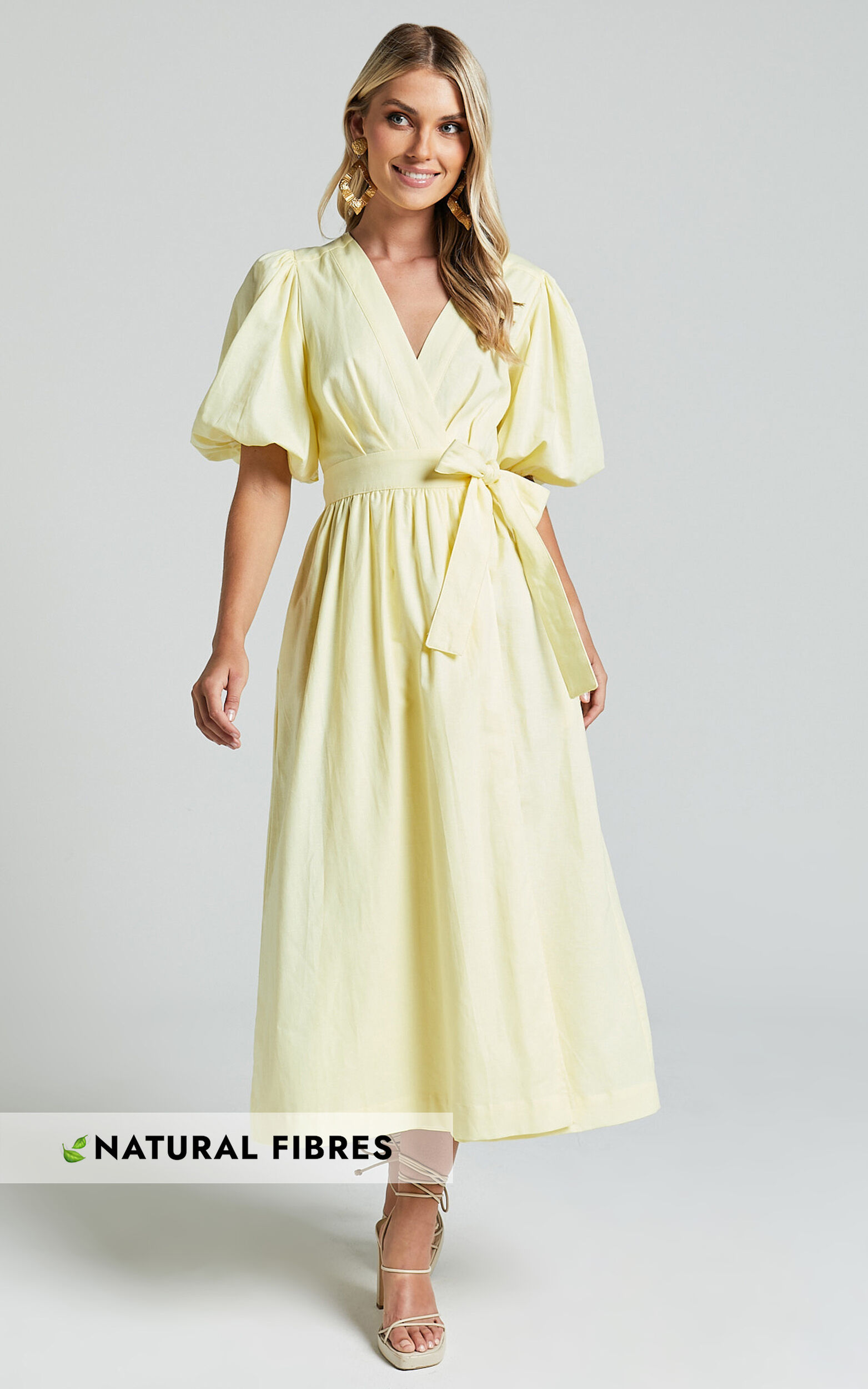 Amalie The Label - Franc Linen Puff Sleeve Wrap Midi Linen Dress in Lemon - 06, YEL1