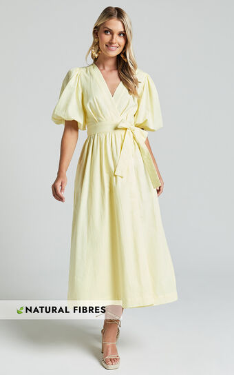 Amalie The Label - Franc Linen Puff Sleeve Wrap Midi Linen Dress in Lemon