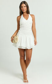 Judith Mini Dress - Shirred Halter Dress in White | Showpo