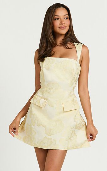 Kyra Mini Dress - Square Neck Open Back Jacquard Mini Dress in Lemon