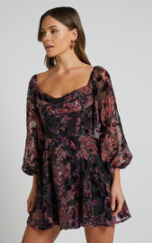 Jessell Mini Dress - Long Sleeve Cowl Corset Dress in Burnt Out Floral ...