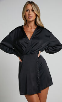 Mijella Mini Dress - Long Sleeve Button Up Dress in Black