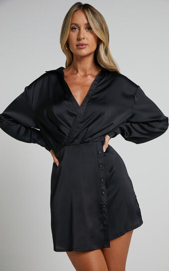 Mijella Mini Dress - Long Sleeve Button Up Dress in Black