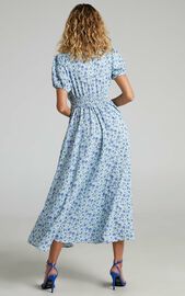 Elenita Midi Dress - Short Sleeve Shirred Waist Dress in Blue Floral ...