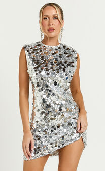 Tracy Mini Dress - Disc Sequin Shift Dress in Silver