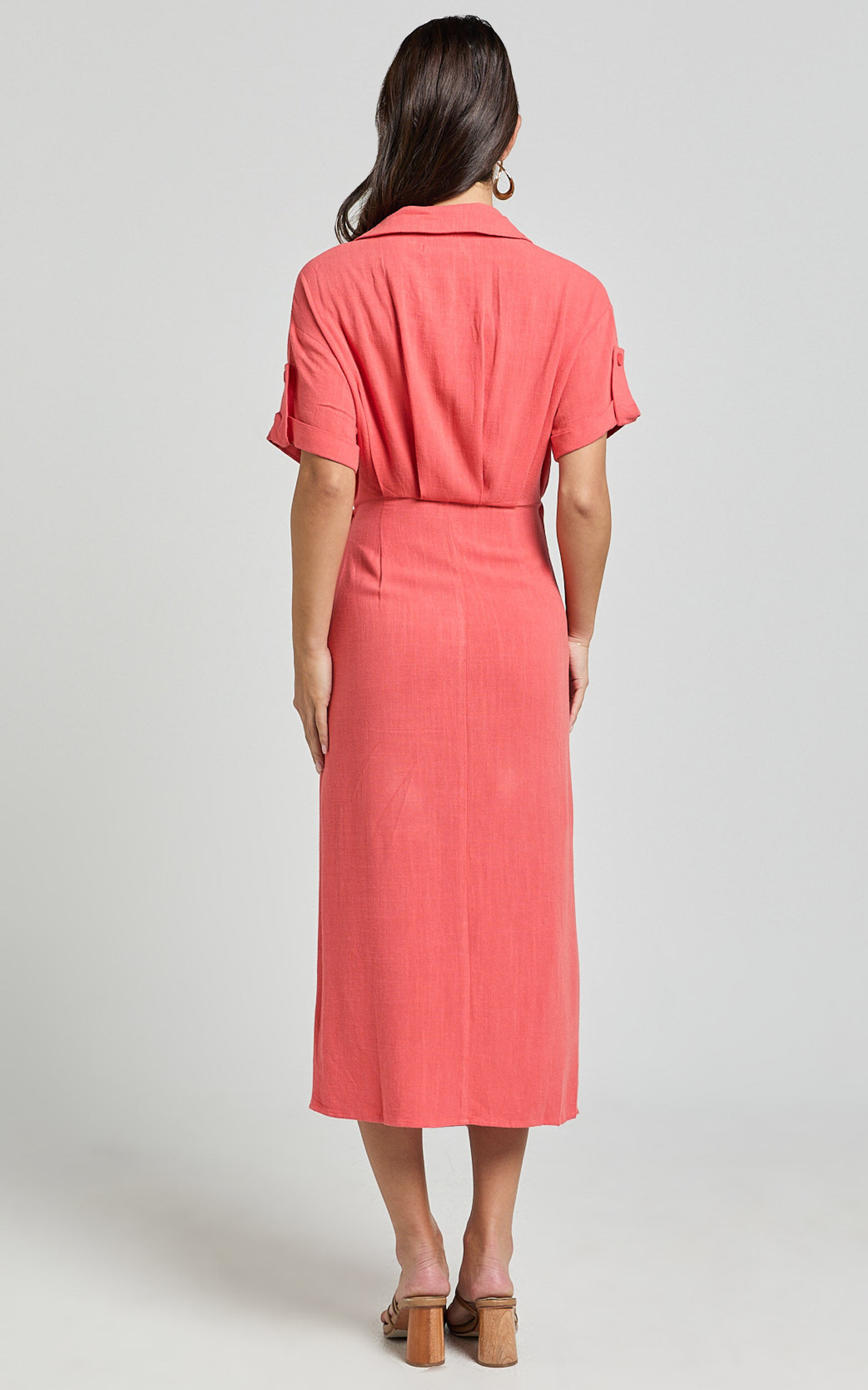 Carina Midi Dress Linen Blend Short Sleeve Collared Wrap Dress in Orange Showpo