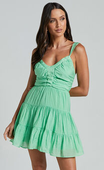 Nanette Mini Dress - V Neck Tiered Flare Dress in Mint Green