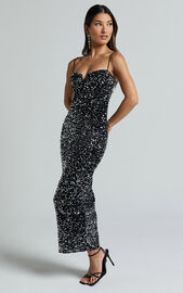 Rayner Midi Dress - V Bar Sequin Bodycon Dress in Black and Silver | Showpo