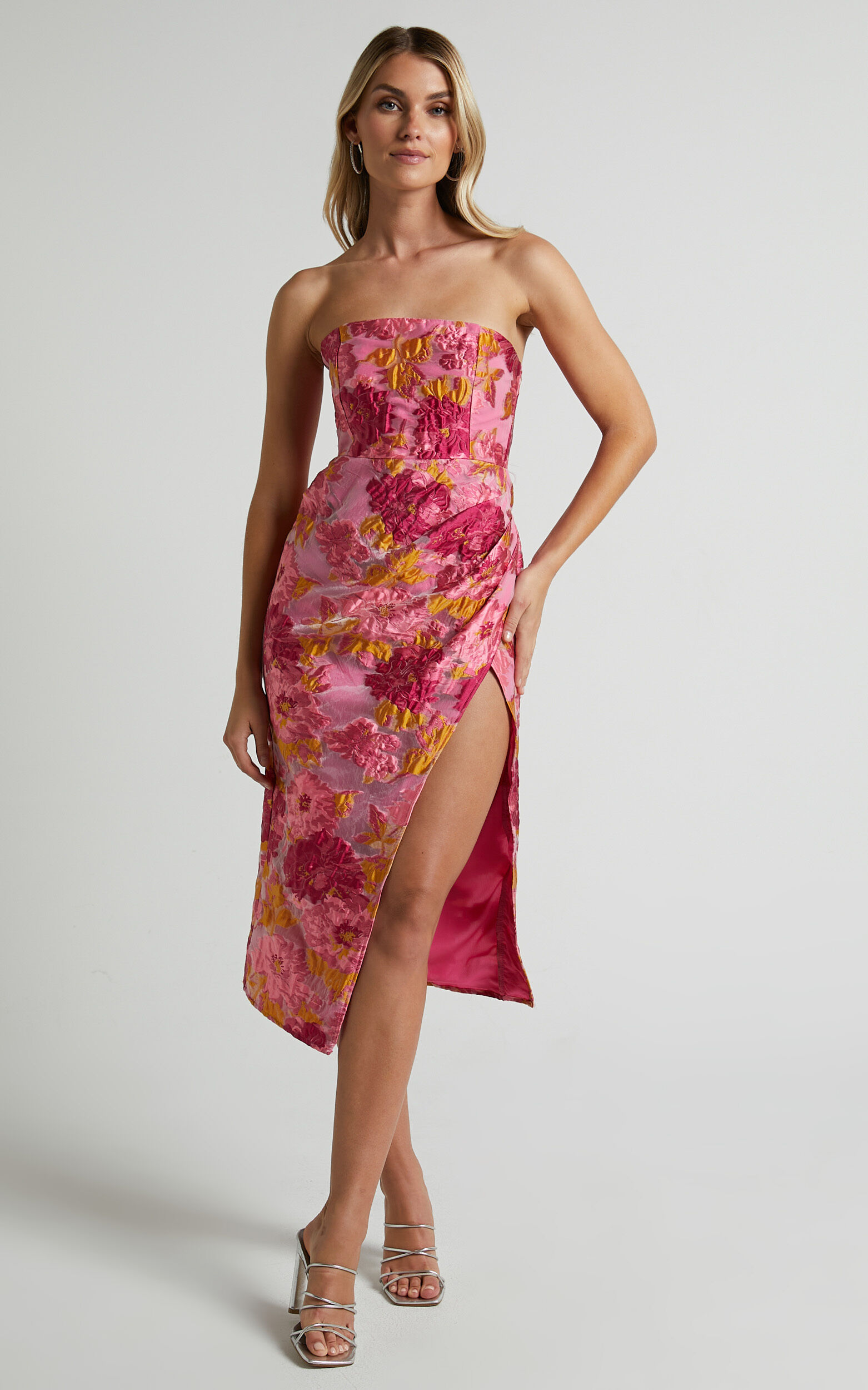 Brailey Midi Dress Thigh Split Strapless Dress in Pink Jacquard Showpo USA
