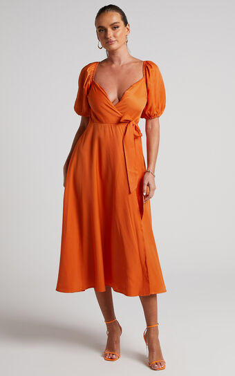 Cressida Midi Dress - Puff Sleeve Wrap Dress in Orange