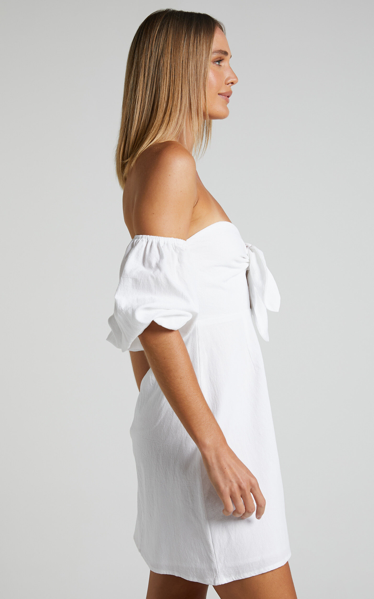 Altair Mini Dress Tie Front Cut Out Off Shoulder Dress in White Showpo