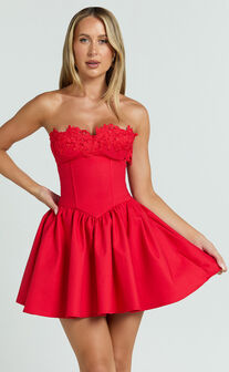 Brooke Mini Dress - Strapless Lace Trim Drop Waist Fit And Flare Dress in Red