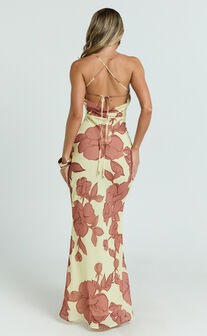 Krishna Maxi Dress - Strappy Scoop Neck Floral Placement Print Georgette Dress in Lemon Bouquet Di Fiori Print