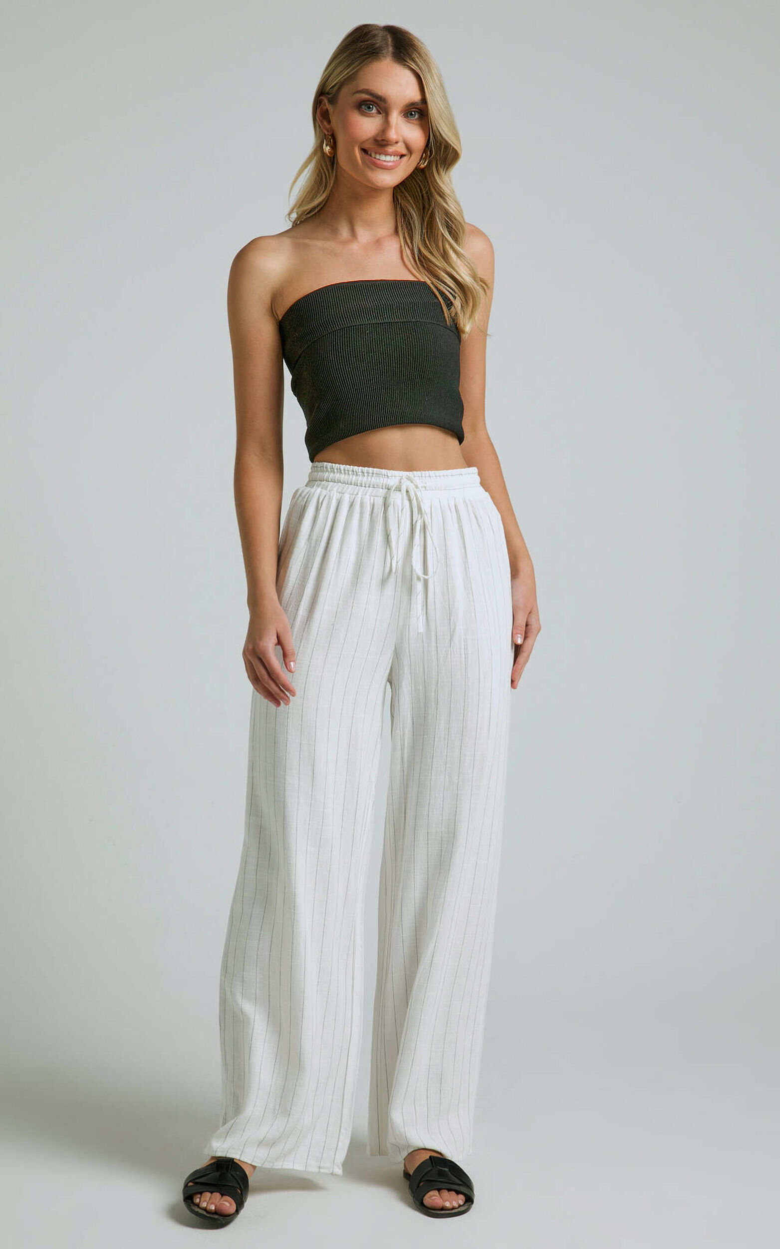 Barbra Pants - Pinstripe Linen Look High Waisted Relaxed Pants in White Stripe - 06, WHT1