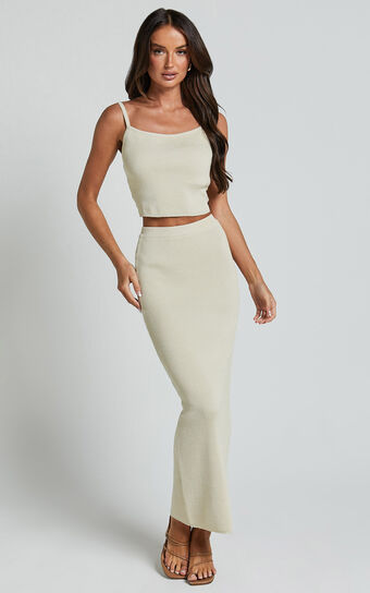 Emilea Knitted Two Piece Set - Knitted Strappy Crop Top and Midi Skirt Set in Stone