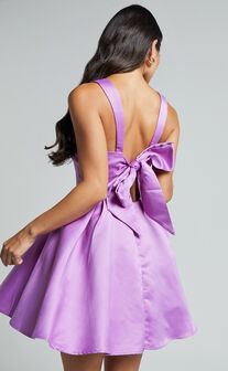 Stephanie Mini Dress - Satin Square Neck Tie Back Dress in Orchid