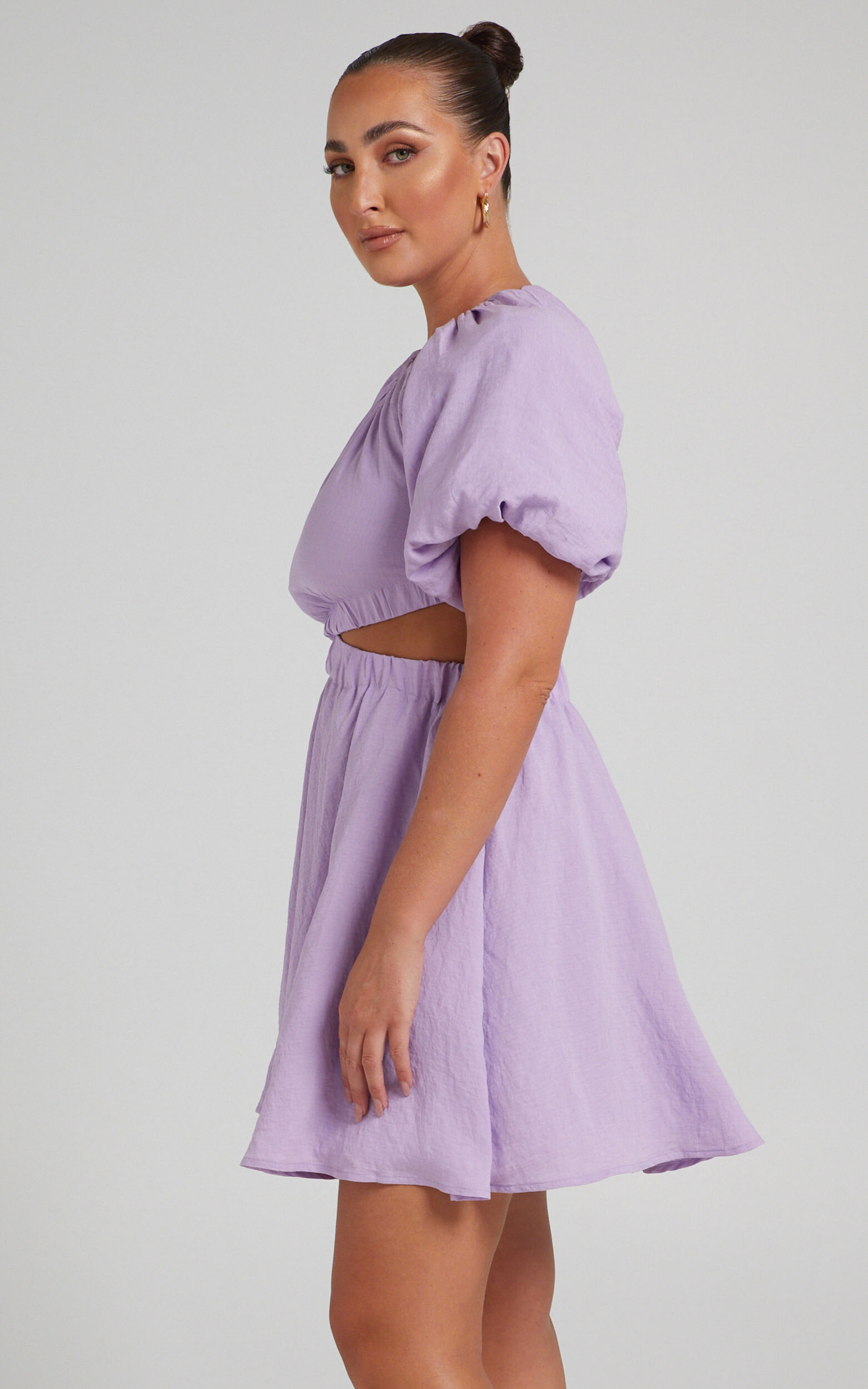 Hadley Mini Dress - Puff Sleeve Cut Out Dress in Lilac