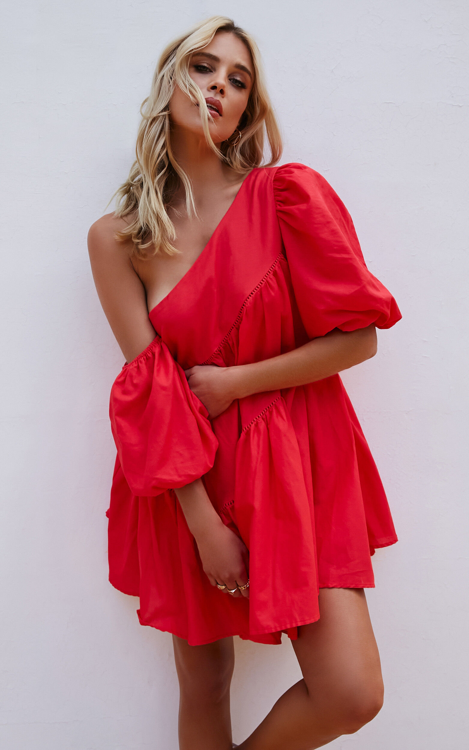 Harleen Mini Dress Linen Look Asymmetrical Trim Puff Sleeve Dress in Red Showpo EU