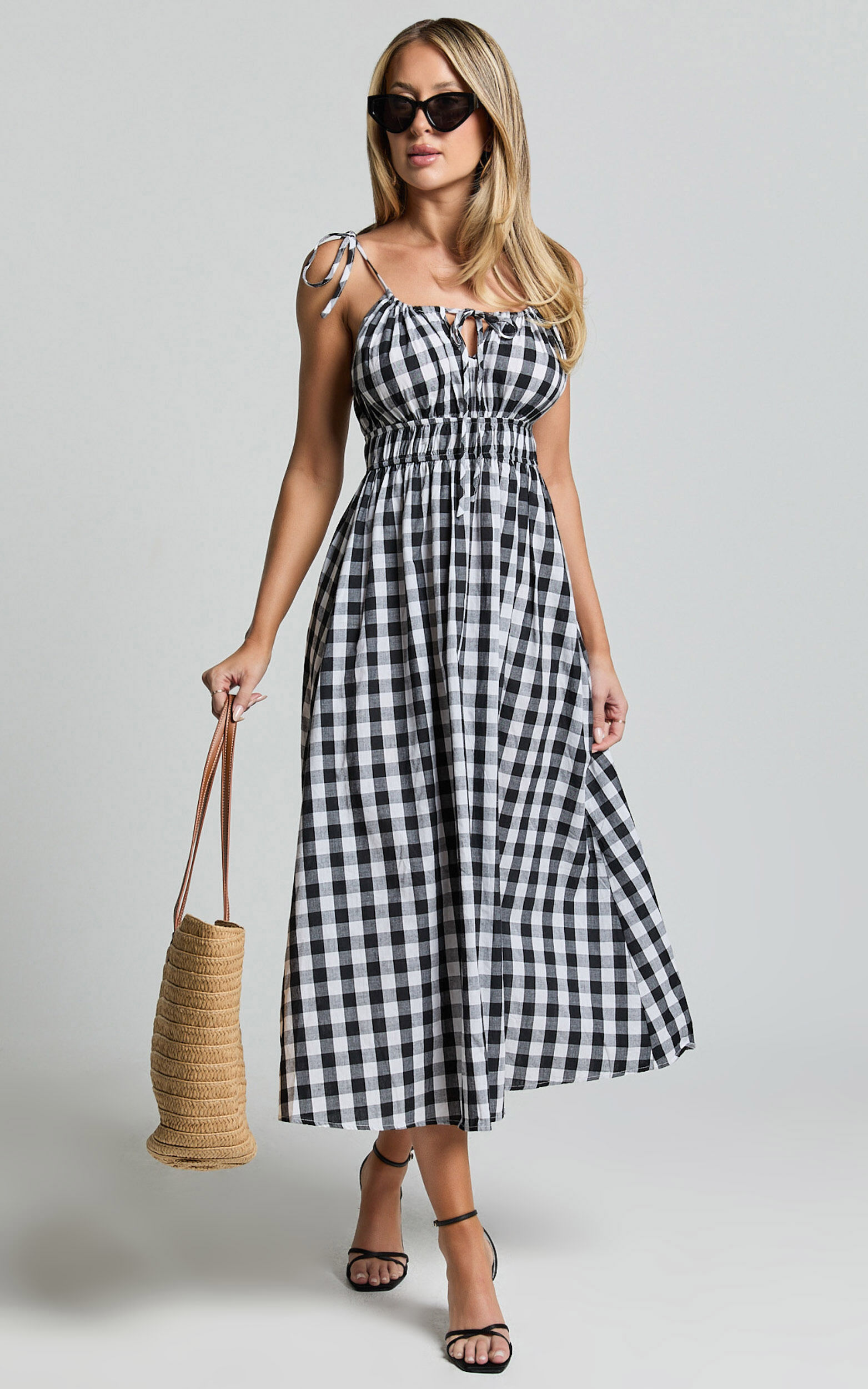 Black gingham tie waist tea dress online