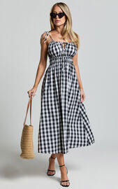 Vela Midi Dress - Strappy Tie Shoulder Elasticated Waist Dress in Black ...