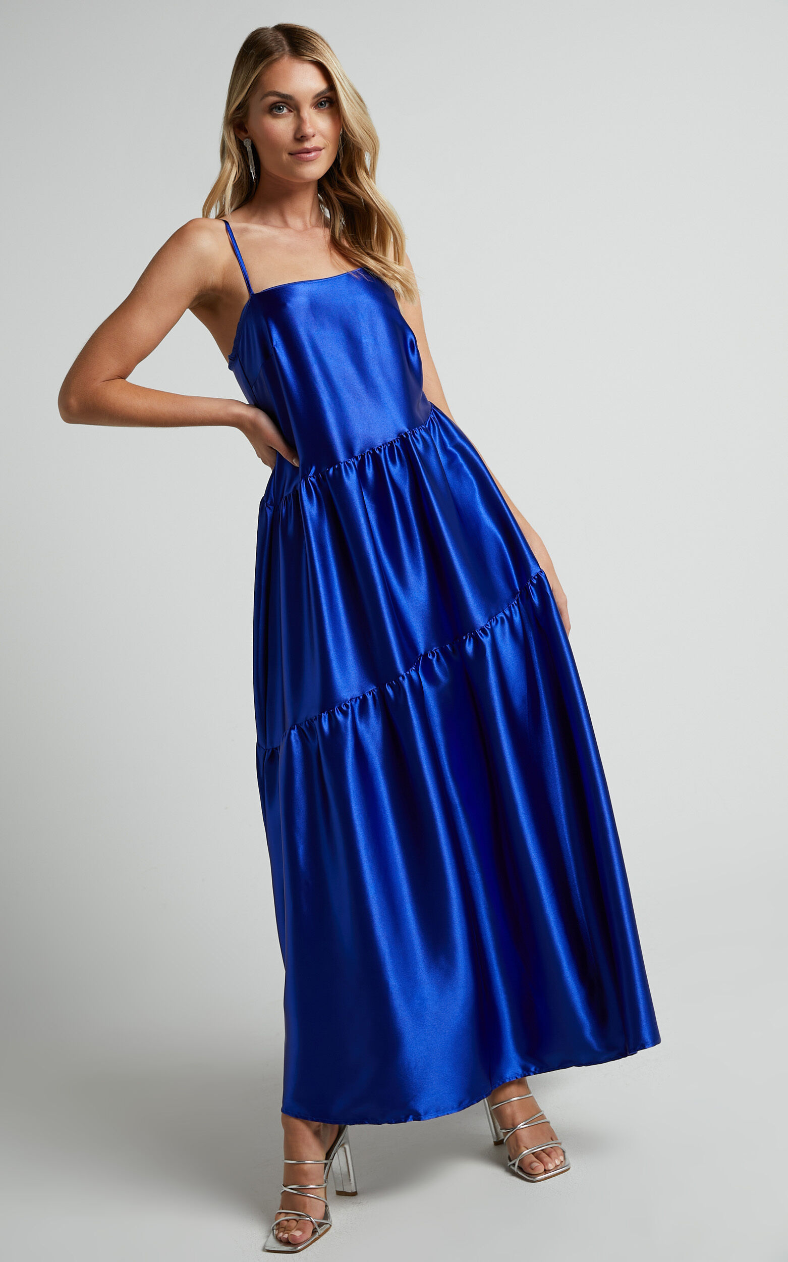 Kamari Midi Dress Asymmetrical A Line Tiered Dress in Cobalt Blue