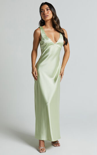 Bettina Midi Dress- Deep V Cross Back Satin Dress in Apple Green