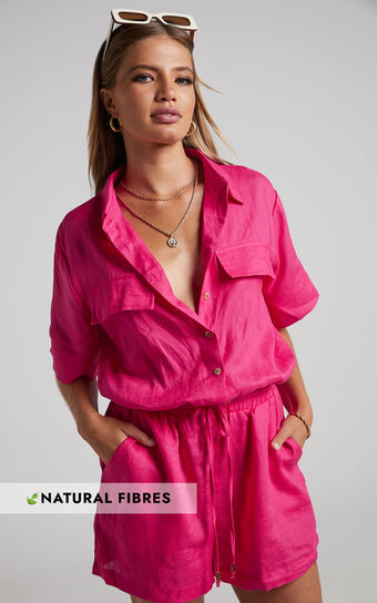 Amalie The Label - Koami Linen Blend Button Front Collar Playsuit in Magenta