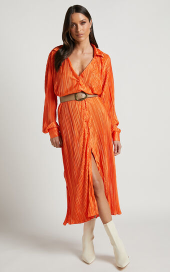 Donelli Midi Dress - Plisse Oversized Collared Shirt Dress in Orange