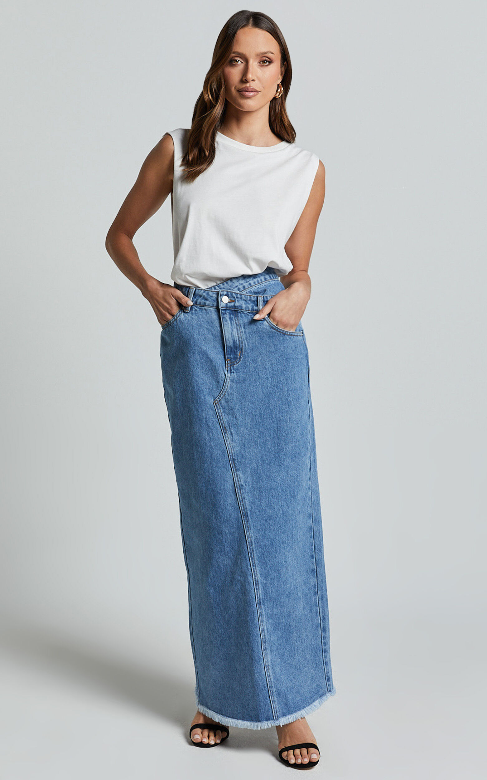 Evelyn Maxi Skirt - High Asymmetrical Waist Frayed Hem Denim