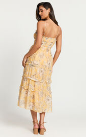 Fran Midi Dress - Ruched Tie Front Tiered Dress in Yellow Floral | Showpo
