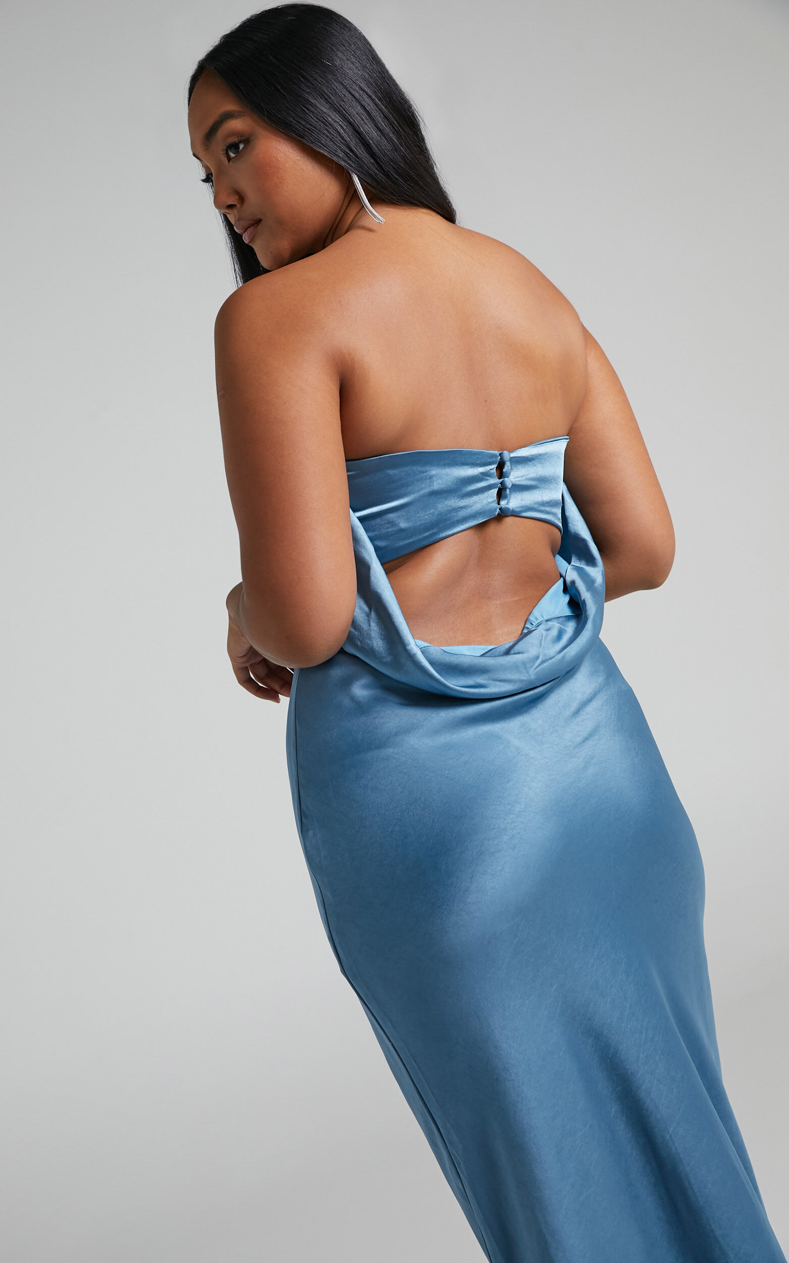 Charlita Maxi Dress - Strapless Blue Satin Cowl | Dress USA in Back Steel Showpo